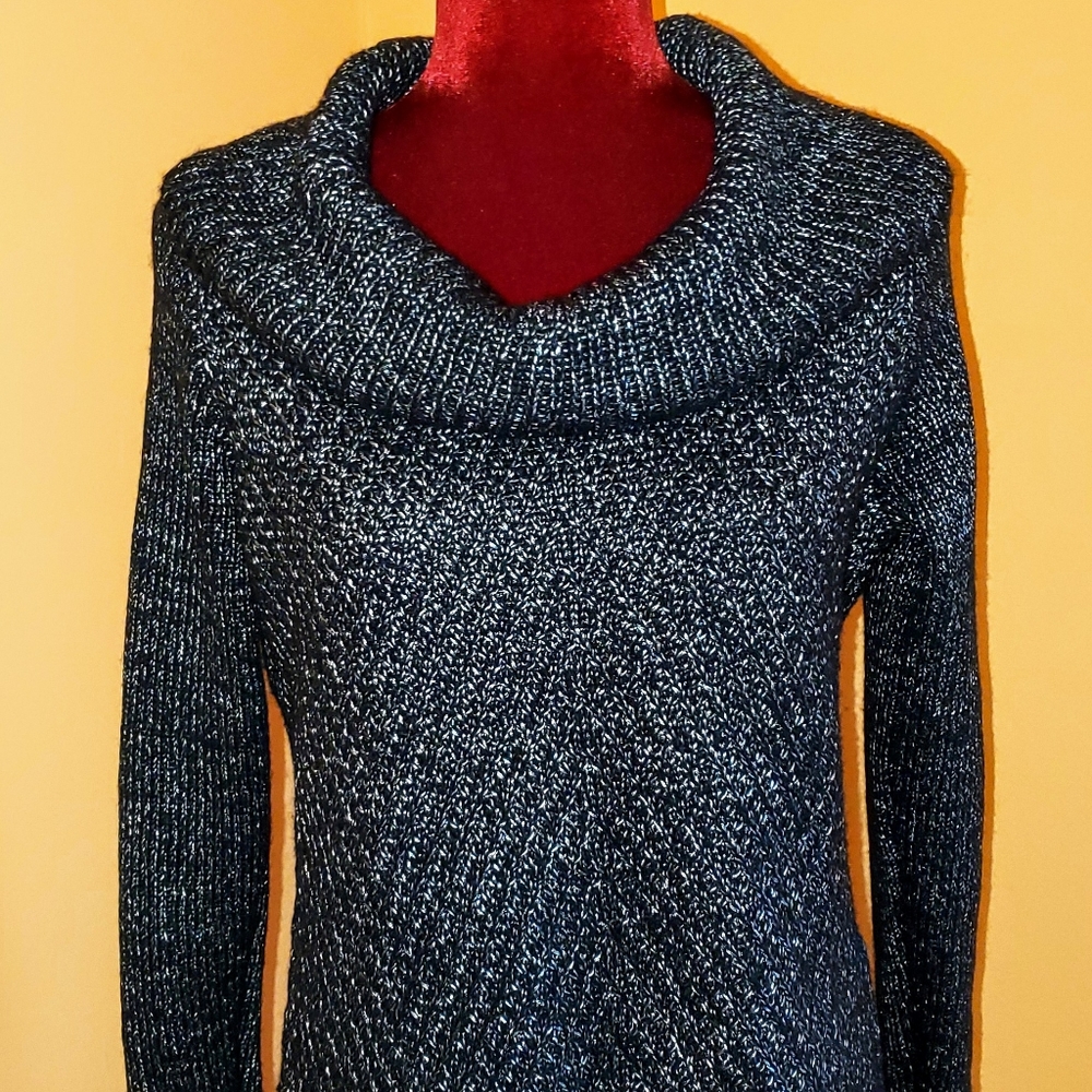 Black and Silver Cowl Neck Sweater w/ Black Lace